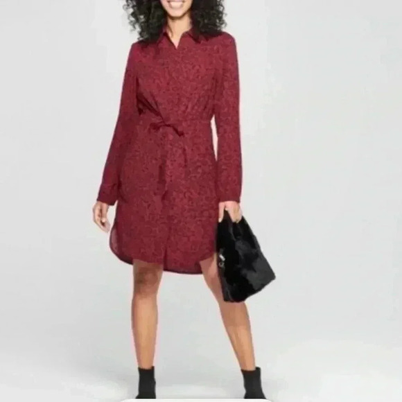 A New Day Leopard Print Maroon Black Button Front Tie Hi Low Midi Dress Size M - Picture 1 of 8